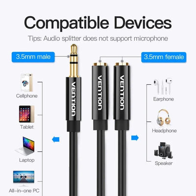 Adaptateur Audio Vention Jack 3.5mm Y Splitter - 1 Mâle 2 Femelle color - RD Alcuni - Boutique Tech, Mode & Gaming