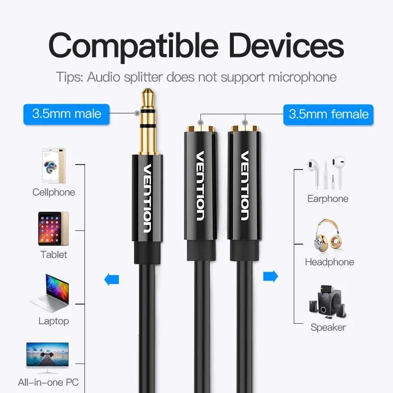 Adaptateur Audio Vention Jack 3.5mm Y Splitter - 1 Mâle 2 Femelle color - RD Alcuni - Boutique Tech, Mode & Gaming