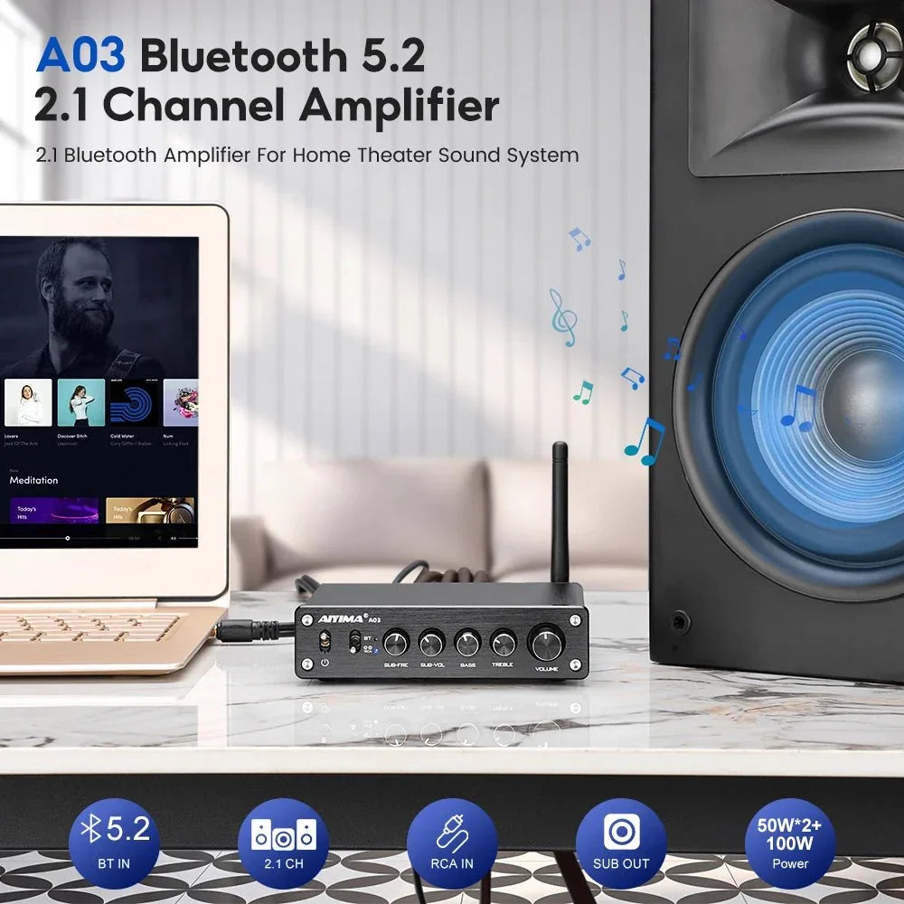 Amplificateur AIYIMA A03 Bluetooth HiFi - TPA3116 2.1 100W color - RD Alcuni - Boutique Tech, Mode & Gaming