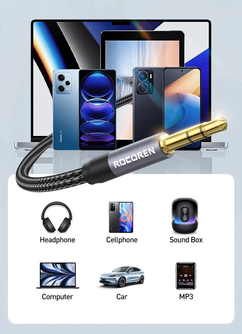Câble Audio Rocoren Jack 3.5mm Mâle - AUX 5m Universel color - RD Alcuni - Boutique Tech, Mode & Gaming
