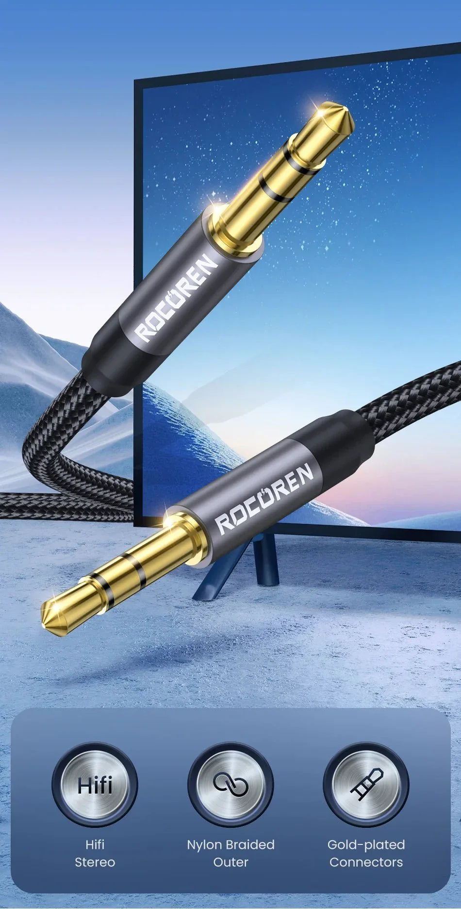 Câble Audio Rocoren Jack 3.5mm Mâle - AUX 5m Universel color - RD Alcuni - Boutique Tech, Mode & Gaming