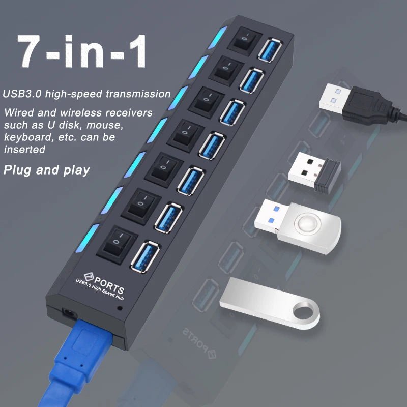 Hub USB 3.0 Multi - Ports 4/7 - Adaptateur avec Switch PC color - RD Alcuni - Boutique Tech, Mode & Gaming