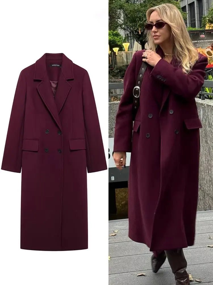 Manteau Femme Laine Bordeaux Double Boutonnage - Élégant color - RD Alcuni - Boutique Tech, Mode & Gaming